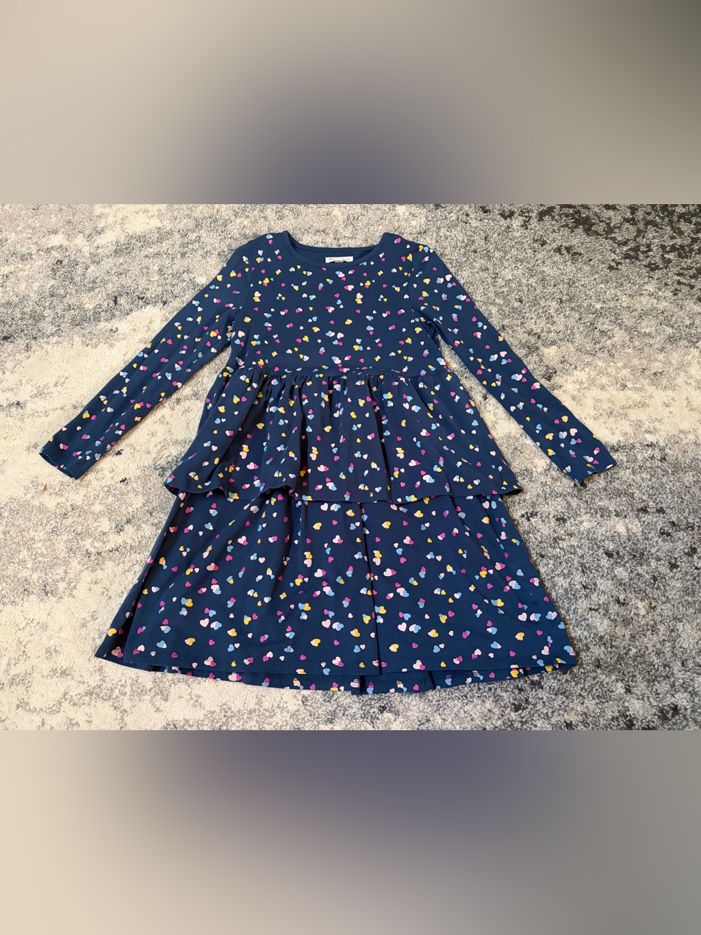 Girls' Navy Heart Print Long-Sleeve Peplum Dress